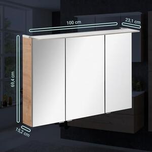 B.PERFEKT, LED zrcadlová skříňka, 100 cm, Imitace dub AST, světle hnědá barva, energeticky úsporné LED osvětlení, rozměry: 100 x 69,4 x 15,2 cm