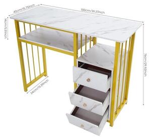 Psací stůl se zásuvkami, toaletní stolek bez zrcadla, barva mramorová bílá, zlaté detaily, rozměry 100x40x76 cm – Stolek pro manikérku, vyrobený z dřeva s kovovou konstrukcí, 3 zásuvky, vhodný do manikérského salonu, obývacího pokoje nebo kanceláře