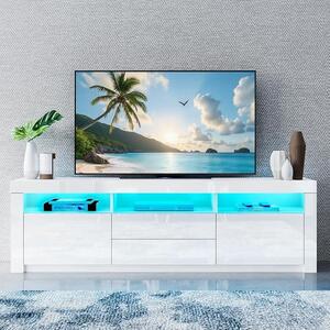 LED televizor, moderní televizní stolek s vysokým leskem, s 2 dvířky a 2 zásuvkami. Televizní stolek do obývacího pokoje nebo ložnice, bílý, rozměry 160 x 35 x 60 cm