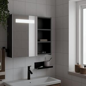 Zrcadlová skříňka s LED osvětlením, černá, vyrobená z dřevovláknité desky, rozměry 60x13x52 cm. Určena k zavěšení na zeď, s úložným prostorem a policí. Vhodná do koupelny, pro hosty, na toaletu, pod umyvadlo, jako komoda nebo skříňka
