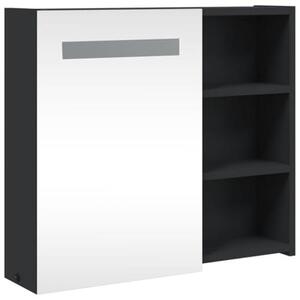Zrcadlová skříňka s LED osvětlením, černá, vyrobená z dřevovláknité desky, rozměry 60x13x52 cm. Určena k zavěšení na zeď, s úložným prostorem a policí. Vhodná do koupelny, pro hosty, na toaletu, pod umyvadlo, jako komoda nebo skříňka
