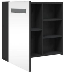 Zrcadlová skříňka s LED osvětlením, černá, vyrobená z dřevovláknité desky, rozměry 60x13x52 cm. Určena k zavěšení na zeď, s úložným prostorem a policí. Vhodná do koupelny, pro hosty, na toaletu, pod umyvadlo, jako komoda nebo skříňka