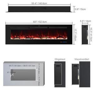 152 cm, elektrický krb, vestavěný krb a topení do stěny, lineární krb o výkonu 750W/1500W s dálkovým ovládáním, dotykovým displejem, 13 barvami plamenů, časovačem a efektem plamenů