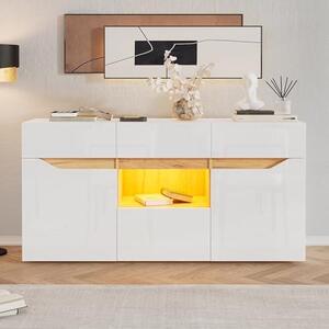 Komoda do obývacího pokoje se dvěma dvířky a čtyřmi zásuvkami, skříň typu "buffet" s LED osvětlením a bez úchytek, skříň do obývacího pokoje, příležitostná skříň, bílá a dřevěná barva, rozměry 140x40x70 cm