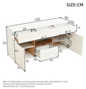 Komoda do obývacího pokoje se dvěma dvířky a čtyřmi zásuvkami, skříň typu "buffet" s LED osvětlením a bez úchytek, skříň do obývacího pokoje, příležitostná skříň, bílá a dřevěná barva, rozměry 140x40x70 cm
