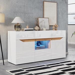 Komoda do obývacího pokoje se dvěma dvířky a čtyřmi zásuvkami, skříň typu "buffet" s LED osvětlením a bez úchytek, skříň do obývacího pokoje, příležitostná skříň, bílá a dřevěná barva, rozměry 140x40x70 cm
