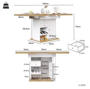 Rozkládací jídelní stůl z dřeva, kuchyňský stůl s možností rozkládání a úložným prostorem (šuplíky), rozměry 110-140×80×75 cm, obdélníkový, teleskopický stůl s policí na svačinu a policí na víno, moderní kuchyňský/jídelní stůl (bílá barva)