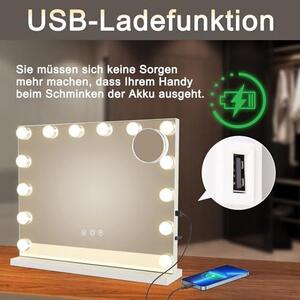 Zrcadlo na líčení s osvětlením, 50x40 cm, velké LED zrcadlo ve stylu Hollywoodu | Toaletní zrcadlo s 14 LED světly a USB portem, zrcadlo na toaletní stolek, make-up zrcadlo, stolní zrcadlo s funkcí zvětšení