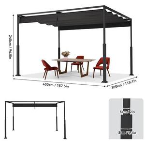 Venkovní pergola 3x4 metry, stabilní kovová konstrukce, 12 metrů. Zahradní altán se stříškou a posuvnou střechou, vhodný pro 8-10 osob. Samostatně stojící, s přístřeškem. Výsuvná markýza pro zahradu, terasu a balkon (černá)