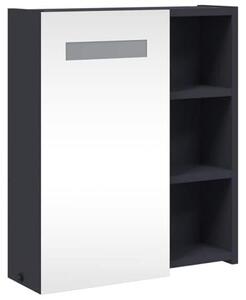 Zrcadlová skříňka s LED osvětlením, šedá, vyrobená z dřevovláknité desky, rozměry 45x13x52 cm. Určena k zavěšení na zeď, s policemi a USB portem. Vhodná do koupelny, pro hosty, na toaletu, jako úložný prostor a k umyvadlu