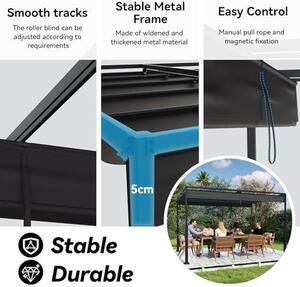 Venkovní pergola 3x4 metry, stabilní kovová konstrukce, 12 metrů. Zahradní altán se stříškou a posuvnou střechou, vhodný pro 8-10 osob. Samostatně stojící, s přístřeškem. Výsuvná markýza pro zahradu, terasu a balkon (černá)