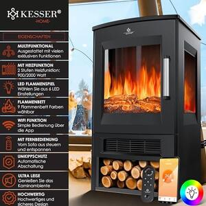 Elektrický krb s topným výkonem, panoramatickým výhledovým oknem, topným ventilátorem, 9 LED režimy plamenného efektu, dálkovým ovládáním, WiFi aplikací, výkonem 900/1800W. Elektrický krb s termostatem, topnou funkcí a časovačem