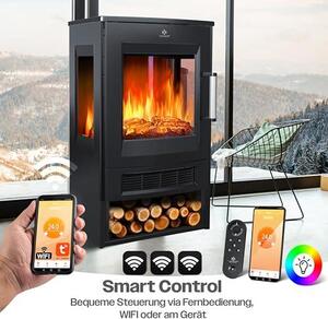 Elektrický krb s topným výkonem, panoramatickým výhledovým oknem, topným ventilátorem, 9 LED režimy plamenného efektu, dálkovým ovládáním, WiFi aplikací, výkonem 900/1800W. Elektrický krb s termostatem, topnou funkcí a časovačem