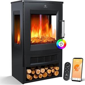 Elektrický krb s topným výkonem, panoramatickým výhledovým oknem, topným ventilátorem, 9 LED režimy plamenného efektu, dálkovým ovládáním, WiFi aplikací, výkonem 900/1800W. Elektrický krb s termostatem, topnou funkcí a časovačem