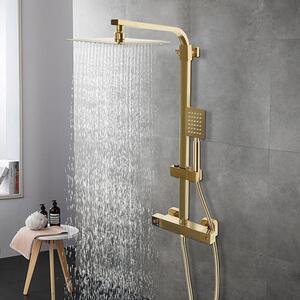 Termostatická sprchová souprava z mosazi, koupelnová sprchová sada s ruční sprchou, sprcha typu "déšť", ovládání pomocí tlačítek, sprchová tyč, sprcha typu "tropický déšť", kompletní sada pro sprchu, zlatá barva