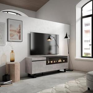 | TV stolek, nízká komoda | do obývacího pokoje a jídelny | 150x57x35 cm | Pro televizory do velikosti 65" | Elektrický krb. Rozměry | Průmyslový design | Moderní styl | Cement