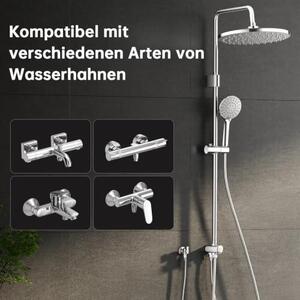 Sprchový systém bez baterie – Systém pro sprchu vyrobený z nerezové oceli, obsahující kulatou sprchovou hlavici (déšť) o rozměrech 22 cm x 22 cm, výškově nastavitelnou sprchovou tyč, chromovaný povrch, určený pro koupelny
