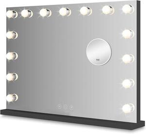 Zrcadlo s osvětlením pro líčení, 58x46 cm – Hollywoodské zrcadlo, černá barva | Stolní zrcadlo s regulovatelným osvětlením, vybavené 18 LED lampami, 3 světelnými režimy a zrcadlem s 10násobným zvětšením | Volně stojící zrcadlo pro toaletní stolek