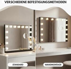 Zrcadlo s osvětlením pro líčení, 58x46 cm – Hollywoodské zrcadlo, černá barva | Stolní zrcadlo s regulovatelným osvětlením, vybavené 18 LED lampami, 3 světelnými režimy a zrcadlem s 10násobným zvětšením | Volně stojící zrcadlo pro toaletní stolek