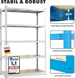 Regál pro těžké náklady – regál s policemi, regál do sklepa, skladový regál, pracovní stůl – nosnost až 1250 kg – rychlá montáž a stabilní konstrukce (modrá, 220 x 90 x 60 cm)