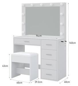 Kosmetický stolek s osvětlením, 94 cm, stolek s zrcadlem, 11 LED světel, 3 režimy osvětlení, 5 zásuvek, kosmetický stolek se židlí do ložnice, šatny nebo salonu, bílá barva