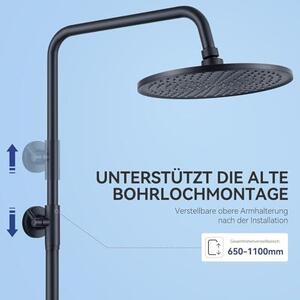 Sprchová hlavice bez baterie, černá. Kulatá sprchová hlavice o průměru 250 mm, 4 typy proudů. Sprchová hlavice a výškově nastavitelná sprchová tyč. Kompletní sprchový systém bez baterie, ideální pro modernizaci
