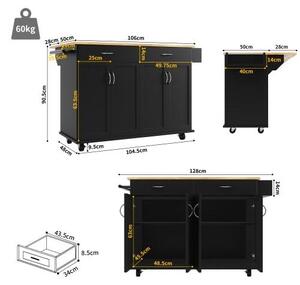 Kuchyňský ostrůvek s výklopnou pracovní deskou a kolečky, rozměry 106 x 50 (78) x 90,5 cm, komoda do kuchyně v černobílém provedení, multifunkční kuchyňský vozík sloužící jako jídelní stůl s velkým úložným prostorem