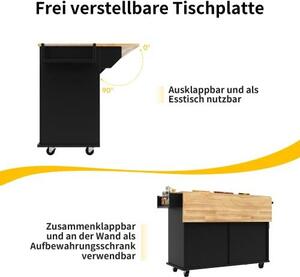 Kuchyňský ostrůvek s výklopnou pracovní deskou a kolečky, rozměry 106 x 50 (78) x 90,5 cm, komoda do kuchyně v černobílém provedení, multifunkční kuchyňský vozík sloužící jako jídelní stůl s velkým úložným prostorem
