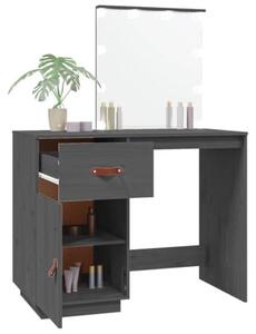 Kosmetický stolek s LED osvětlením, rozměry 95 x 50 x 133,5 cm, vyrobený z masivního borového dřeva, barva šedá, se zrcadlem, zásuvkou a USB portem. Vhodný do ložnice nebo koupelny, slouží k úpravě a úložnému prostoru