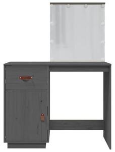 Kosmetický stolek s LED osvětlením, rozměry 95 x 50 x 133,5 cm, vyrobený z masivního borového dřeva, barva šedá, se zrcadlem, zásuvkou a USB portem. Vhodný do ložnice nebo koupelny, slouží k úpravě a úložnému prostoru