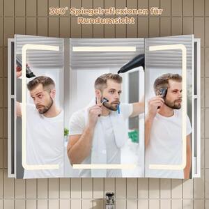 Zrcadlová skříňka do koupelny s LED osvětlením, zásuvkou a 3 teplotami barev | Stmívatelná koupelnová skříňka s dotykovým senzorem, rozměry 60×80×16 cm (výška×šířka×hloubka) | Integrované zrcadlo + 3 nastavitelné police