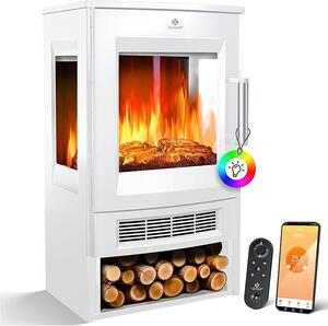 Elektrický krb s topným výkonem, panoramatickým výhledovým oknem, topným ventilátorem, 9 LED režimy plamenného efektu, dálkovým ovládáním, WiFi aplikací, výkonem 900/1800W. Elektrický krb s termostatem, topnou funkcí a časovačem