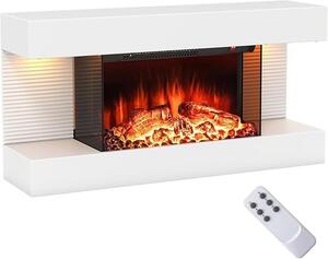 Elektrický krb s topným systémem a LED ambientním osvětlením, 32" zavěšený krb s 3D efektem plamene, dekorativní nástěnný krb s dálkovým ovládáním, stojací krb s výkonem 750W/1500W, 12 barev plamene, časovač na 8 hodin, 17?-28?, bílá barva