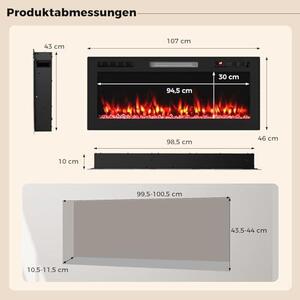 42palcový elektrický krb s topením, 750W/1500W, elektrický krb s ovládáním přes aplikaci, dálkovým ovládáním, 12 barvami plamenů, časovačem (12 hodin), vestavěný krb, nástěnný krb, topení do obývacího pokoje, ložnice, kanceláře
