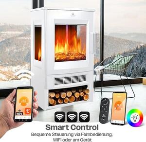 Elektrický krb s topným výkonem, panoramatickým výhledovým oknem, topným ventilátorem, 9 LED režimy plamenného efektu, dálkovým ovládáním, WiFi aplikací, výkonem 900/1800W. Elektrický krb s termostatem, topnou funkcí a časovačem