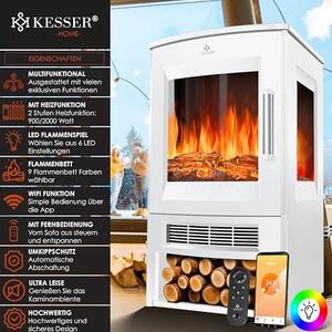 Elektrický krb s topným výkonem, panoramatickým výhledovým oknem, topným ventilátorem, 9 LED režimy plamenného efektu, dálkovým ovládáním, WiFi aplikací, výkonem 900/1800W. Elektrický krb s termostatem, topnou funkcí a časovačem