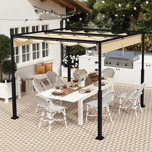Venkovní pergola 3x3 metru, stabilní kovová konstrukce, 9 metrů. Zahradní altán se stříškou a posuvnou střechou, pro 6-8 osob. Samostatně stojící, s možností instalace výsuvné markýzy, vhodná pro zahradu, terasu a balkon (béžová)