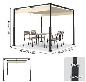Venkovní pergola 3x3 metru, stabilní kovová konstrukce, 9 metrů. Zahradní altán se stříškou a posuvnou střechou, pro 6-8 osob. Samostatně stojící, s možností instalace výsuvné markýzy, vhodná pro zahradu, terasu a balkon (béžová)