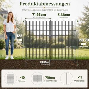 Dekorativní plot do zahrady, plot pro psy pro venkovní použití, nerezový kovový plot, dočasný plot pro zvířata jako bariéra pro zahradu, dvůr a terasu | Celková velikost: 122 cm (výška) x 720 cm (délka), 10 panelů