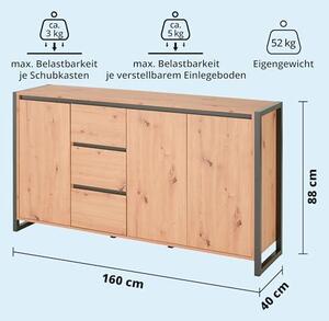 Komoda AST-Dub, moderní komoda s zásuvkami, policemi a přihrádkami | Materiál: dřevotříska potažená fólií s dekorací dubu, podnož z antracitové oceli, rozměry 160x88x40 cm, zásuvka, ideální pro úložný prostor, praktická do domácnosti