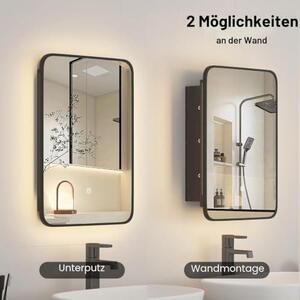 LED zrcadlová skříňka s podsvícením, 42x60 cm, skříňka se zrcadlem do koupelny, 3 nastavitelné barvy světla, jednodveřová, LED skříňka do koupelny se zrcadlem, závěsná skříňka do koupelny se světlem, černá