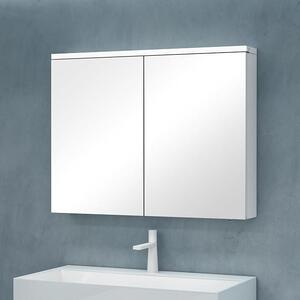 Zrcadlová skříňka s LED osvětlením, rozměry 90x15x70 cm, matná bílá barva. Nástěnná zrcadlová skříňka do koupelny, praktické úložné prostory, snadná montáž. Zrcadlová skříňka 03