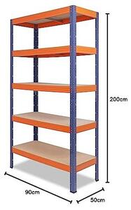 Regál pro těžké náklady, rozměry 200 x 90 x 50 cm, modro-oranžový, s 5 policami, nosnost 200 kg na polici