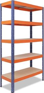 Regál pro těžké náklady, rozměry 200 x 90 x 50 cm, modro-oranžový, s 5 policami, nosnost 200 kg na polici