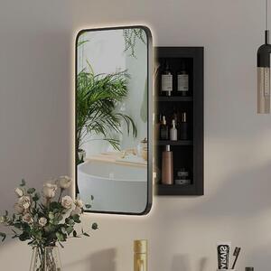 LED zrcadlová skříňka s podsvícením, 42x60 cm, skříňka se zrcadlem do koupelny, 3 nastavitelné barvy světla, jednodveřová, LED skříňka do koupelny se zrcadlem, závěsná skříňka do koupelny se světlem, černá