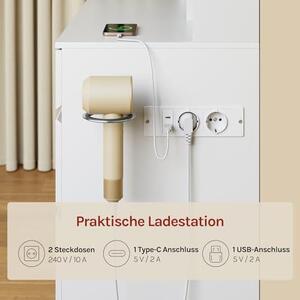 Kosmetický stolek s LED osvětlením a zásuvkou, s nastavitelnou intenzitou světla. Velký kosmetický stolek s posuvným zrcadlem, 9 zásuvek, 11 úložných prostor, 1 přihrádka na šperky, vhodný do ložnice, materiál: dřevo, barva: bílá