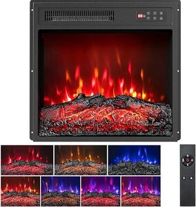 18" Elektrický krbový vložka, 750W/1500W, elektrokrb s dálkovým ovládáním, 7 realistických barev plamenů, 5 nastavitelných úrovní jasu, 8hodinový časovač, vestavěný krb pro montáž na zeď
