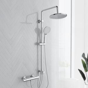Sprchový systém s termostatem, dešťová sprcha s baterií, kompletní sprchová souprava s termostatem, kulatou dešťovou sprchou a ruční sprchou, výška 95 cm, chrom