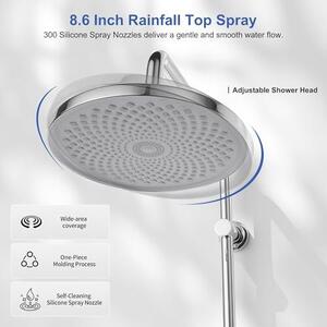 Sprchový systém s termostatem, dešťová sprcha s baterií, kompletní sprchová souprava s termostatem, kulatou dešťovou sprchou a ruční sprchou, výška 95 cm, chrom