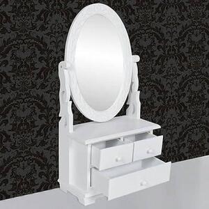 Toaletní stolek s oválným otočným zrcadlem, stolní komoda na líčení, kosmetický stolek, komoda na make-up, MDF, bílá barva, dřevovláknitá deska, viktoriánský styl